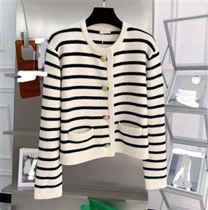 Round Neck Color Clashing Striped Knitted Cardigan Women Spring Autumn French Loose Short Sweater Jacket