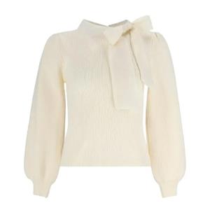 Ladies' 100% Cotton Rib Knitting Crew Neck Pullover Women's Top Sweater With Bow Tie