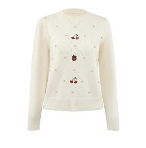 New Trend Custom Woman Long Sleeve Wool Top Crew Neck White Pullover Embroidery Sweater With Diamond