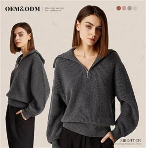 Solid Colour Women's Half Zip Lapel Pullover Knitted Sweater Gray Casual Loose Long Sleeve Women's Sweater Wholesale